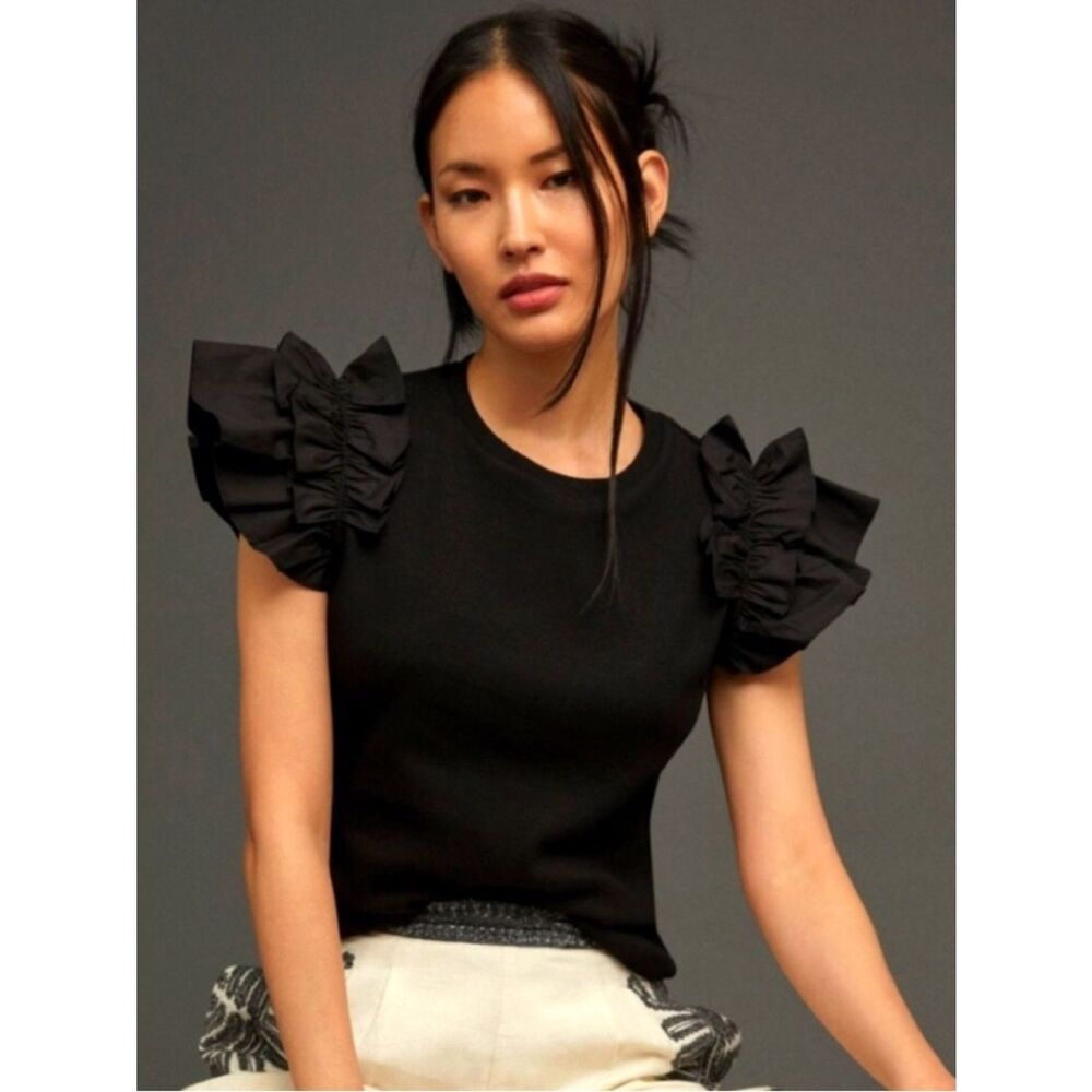 Anthropologie Black Ruffle Shoulder Tank